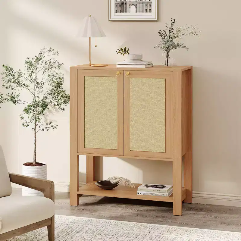 Rattan Shoe Cabinet for Entryway, Farmhouse 5 Tier Organizer Rack Freestanding Narrow Shoe Storage Cabinet with 2 Doors for Foyer Hallway Living Room