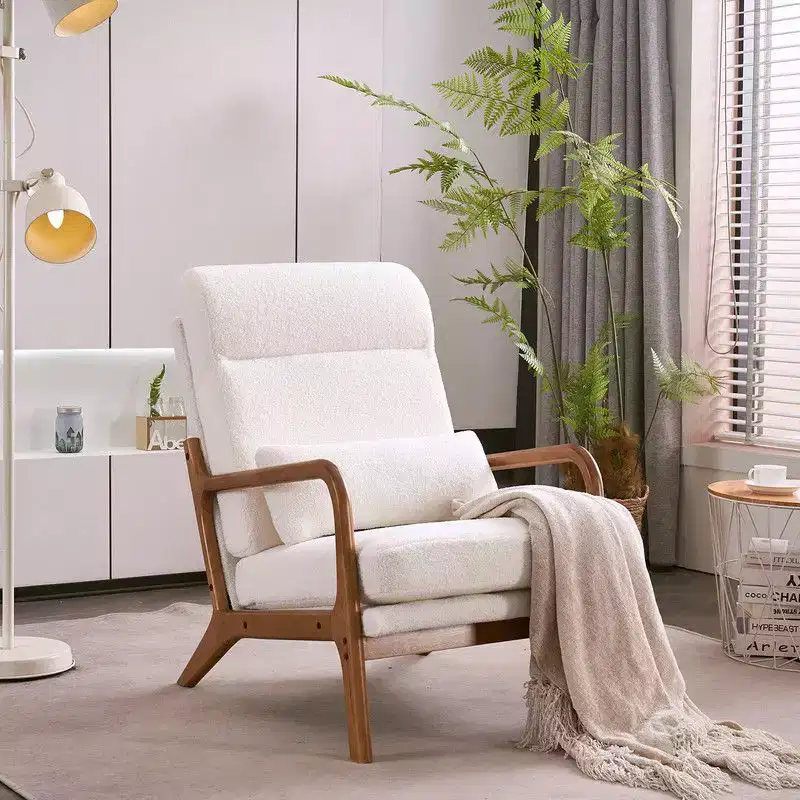 High Back Solid Wood Armrest Backrest Iron Frame Linen Indoor Leisure Chair