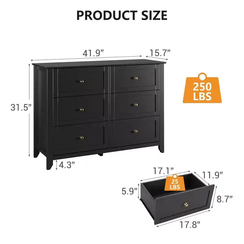 6 Chest of Drawer Dresser Storage Cabinet, Modern Wood Organizer TV Stand Console Table for Living Room, Entryway