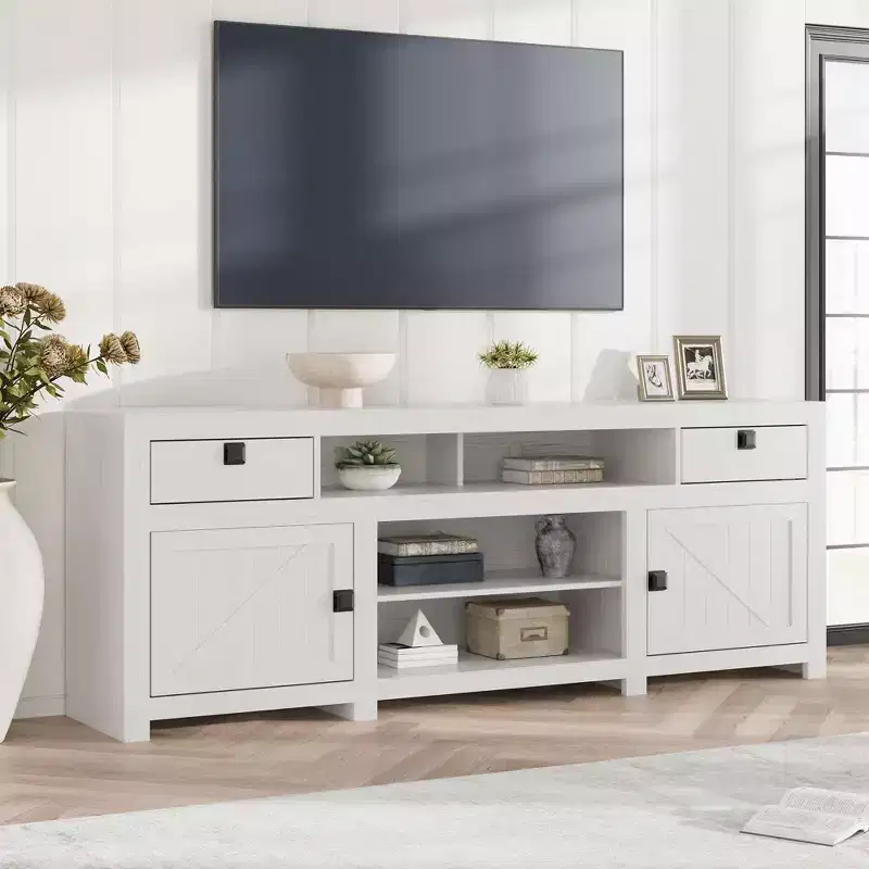 Antique White / Wood Grain Gray Farmhouse TV Stand, 70