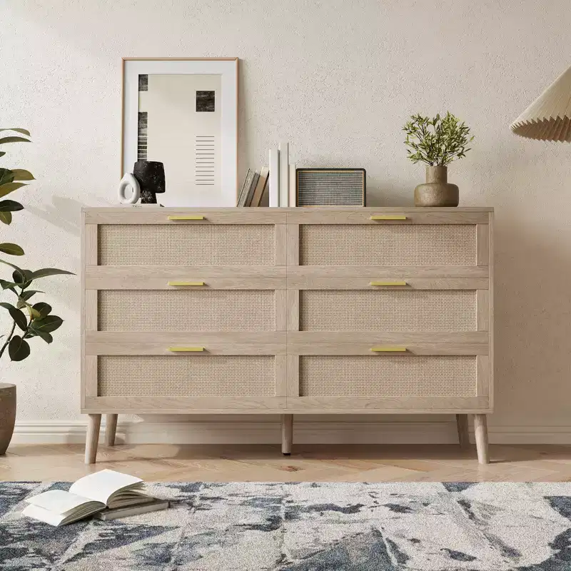 Acekool Rattan Dresser, Farmhouse Chest with Gold Handles, Organizer Storage for Bedroom, Living Room, Oak