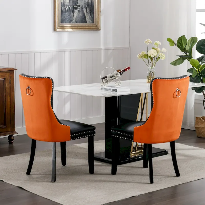 High Back Dining Chairs Set of 2, Upholstered PU Leather Kitchen Chairs Side Chair with Rear Handle Wood Legs