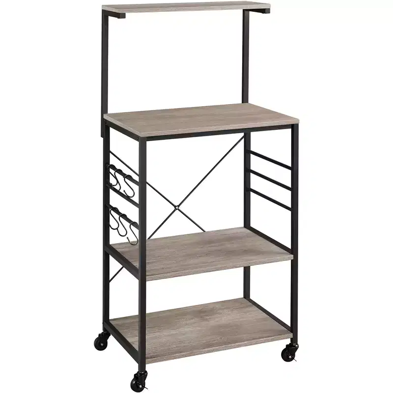 50.5 Inch Kitchen Baker's Rack With 4 Shelves and 6 Side Hooks, Metal Frame With Particle Board Shelves