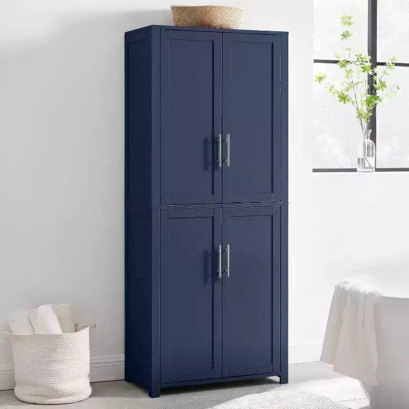 67-inch tall kitchen storage cabinet (navy blue): Traditional farmhouse design, wood veneer, MDF frame, 3 adjustable shelves