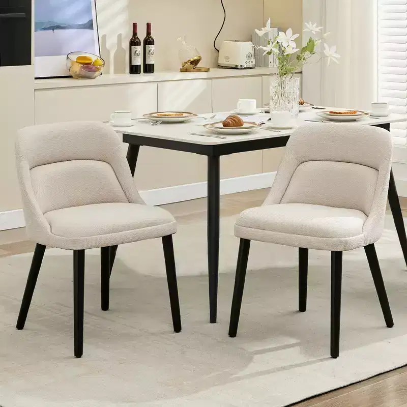 Set of 2 Upholstered Linen Dining Chairs with Wooden Legs, Modern Kitchen Chairs