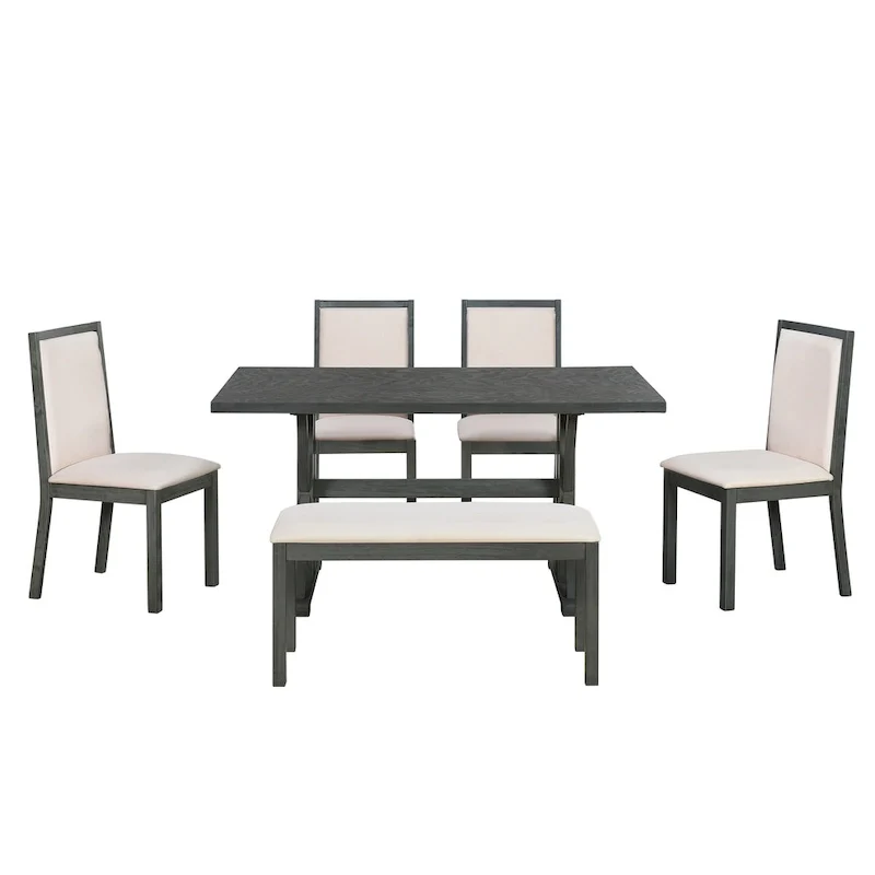 Farmhouse Style 6-Piece Dining Table Set with 4 Upholstered Dining Chairs and Bench