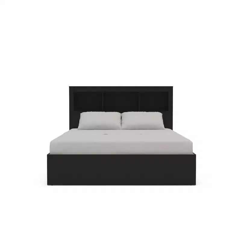 Platform Bed with Bookcase Headboard, 3 Open Shelves & Wood Slats, 500 lb Capacity