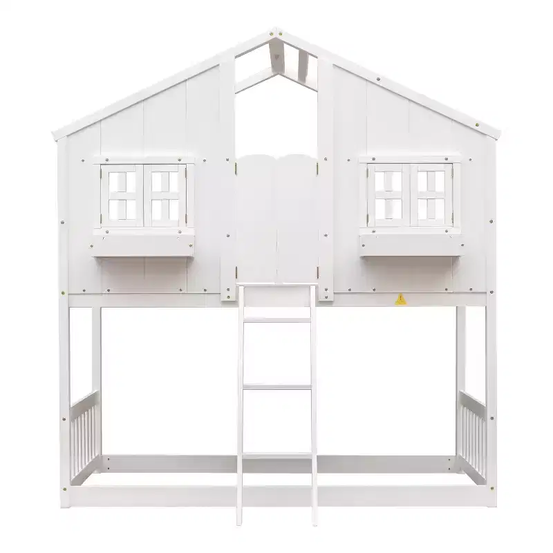 Twin Over Twin House Bunk Pine Wood Bed with Roof, Window, Door, Guardrails & Ladder, Brown