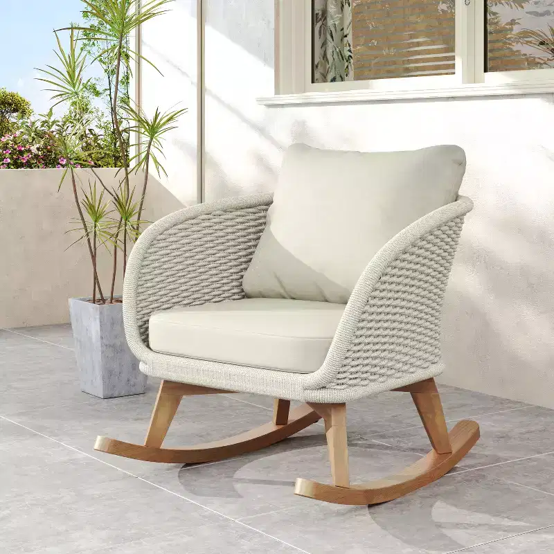 Contemporary Minimalist Beige Wicker Rocking Chair with Soft Cushions, for Patio or Balcony