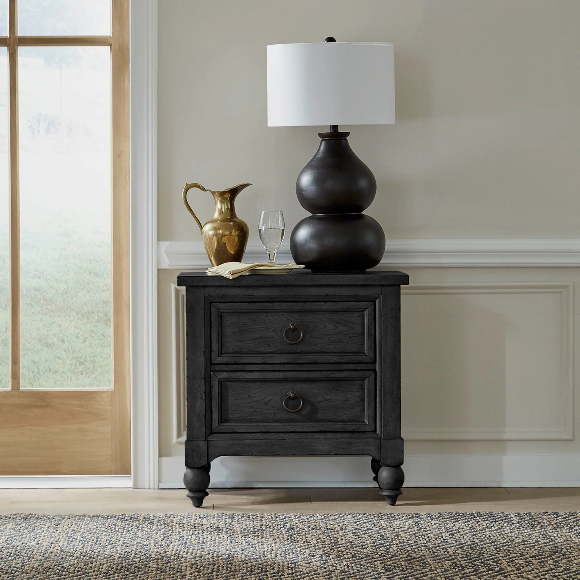 2 Drawer Night Stand With Charging Station — Also offers a charging station in back with two power outlets and two USB ports
