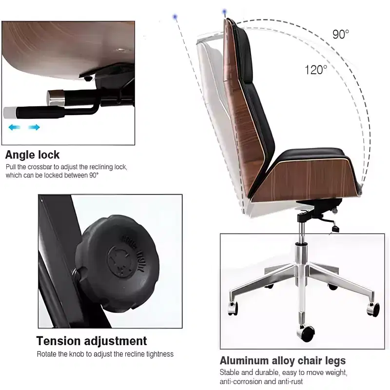 Tree City- High Back Executive Office Chair with Walnut Bent Wood Back and Faux Leather Seat  Swivel & Rolling Base