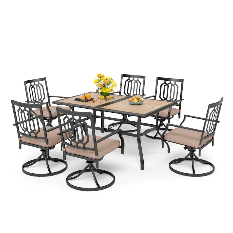 MAISON ARTS 7-piece Patio Dining Set, 1 Rectangle Wood-like Table with Umbrella Hole and 6 Metal Swivel Chairs