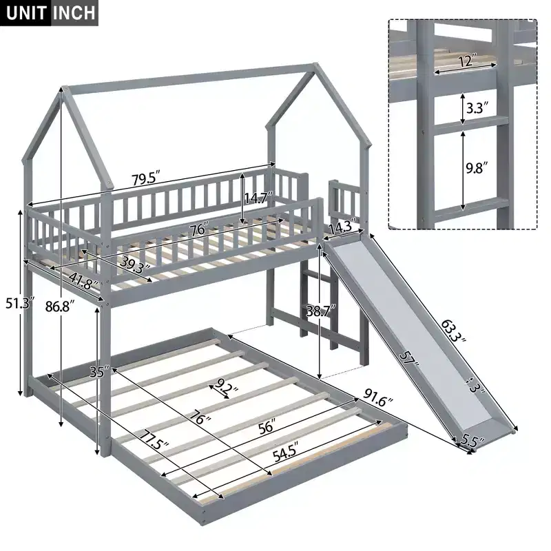 Twin over Full Bunk House Bed with Built-in Ladder and Slide, Wooden Bunk Bed Frame with Full-Length Guardrail for Girls Boys Bedroom