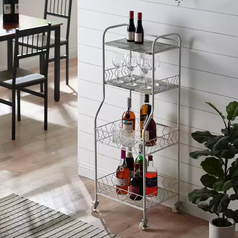 4-Tier Rolling Baker's Rack Serving Cart with Wood Veneer Shelves & Locking Wheels, White