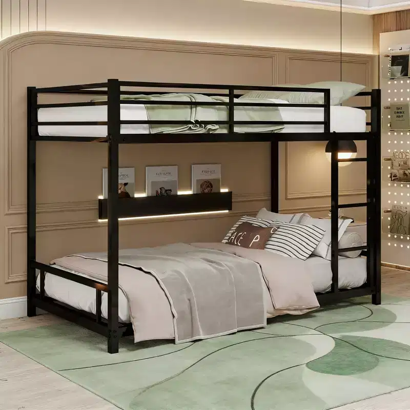 Black / Silver Twin over Twin Metal Bunk Bed with Guardrail, Convertible to 2 Single Beds