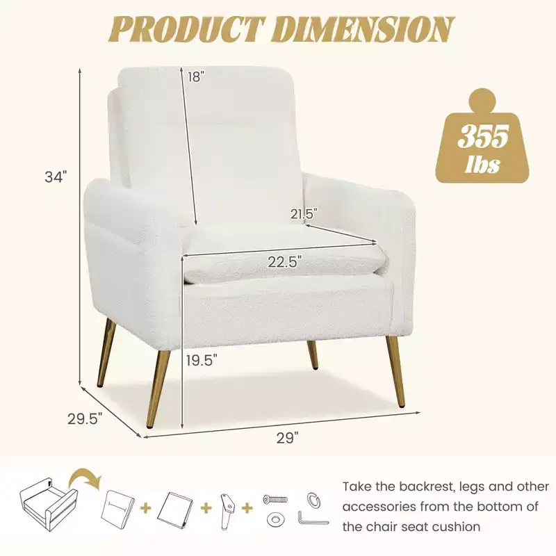 Costway Modern Accent Chair Upholstered Armchair w/ Tapered Metal Legs White