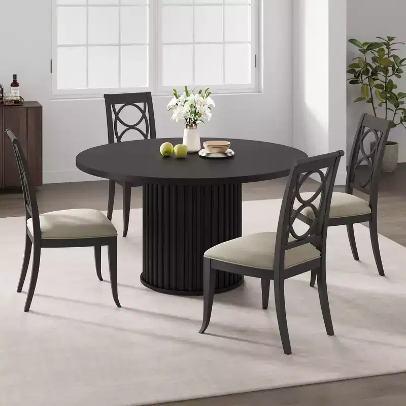 47Inch Round Dining Table for 4-6 People, Black Dining Room Table with Sturdy Waveform Metal Pedestal Base, Industrial Circle Kitchen Table