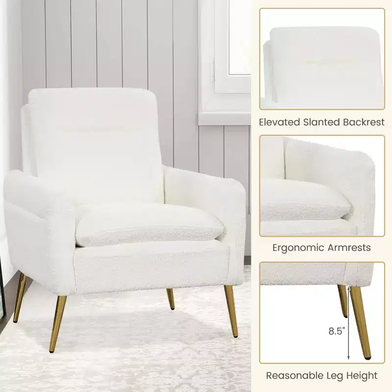 Costway Modern Accent Chair Upholstered Armchair w/ Tapered Metal Legs White