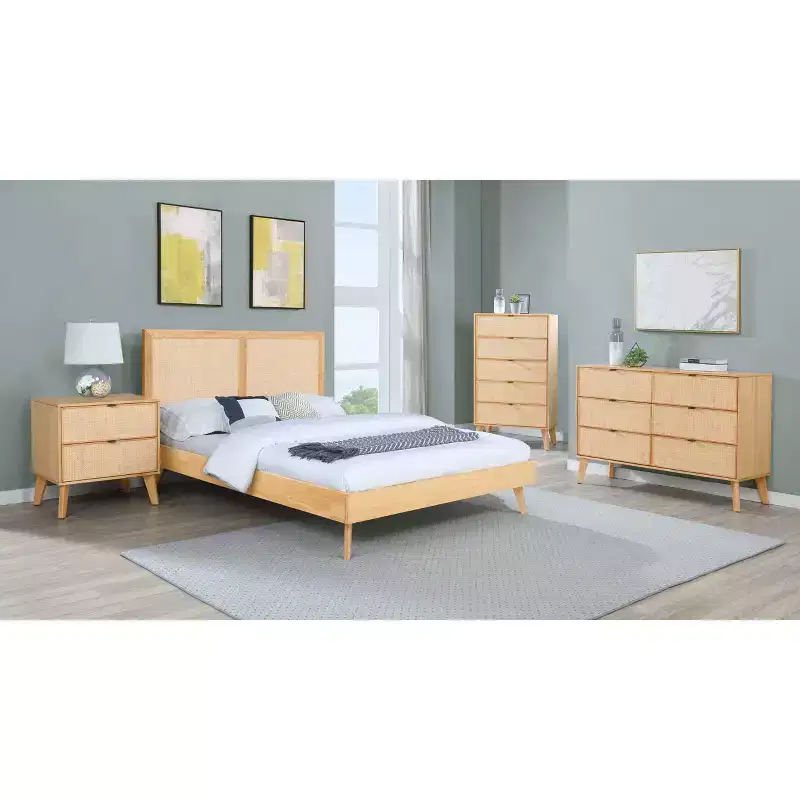 Queen Chancery Boho Queen Platform Bed in Natural Finish and Cane Headboard - Powell