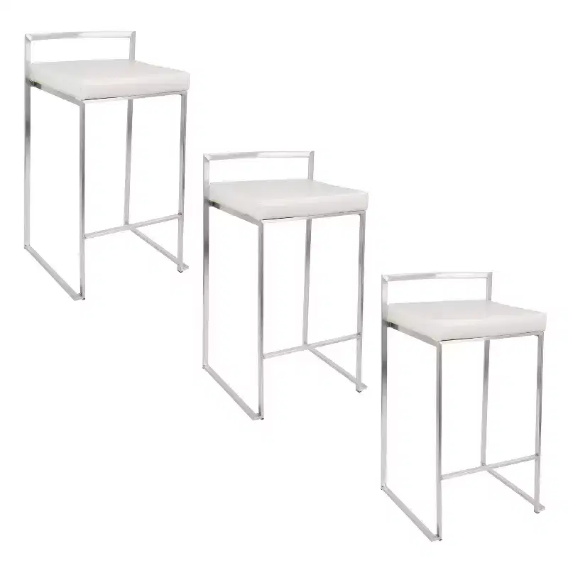 LumiSource Set of 3 Fuji Stacker Counter Height Barstools Stainless Steel/White PU