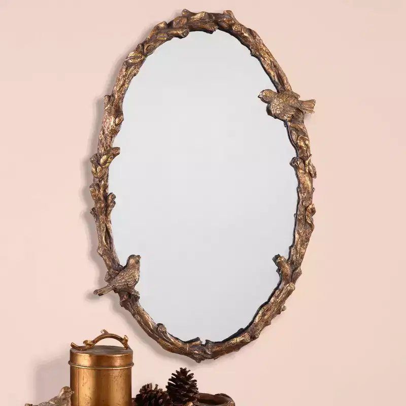 Oval Vanity Accent Wall Mirror, Rustic Antique Gold Gray Metal Frame, 23