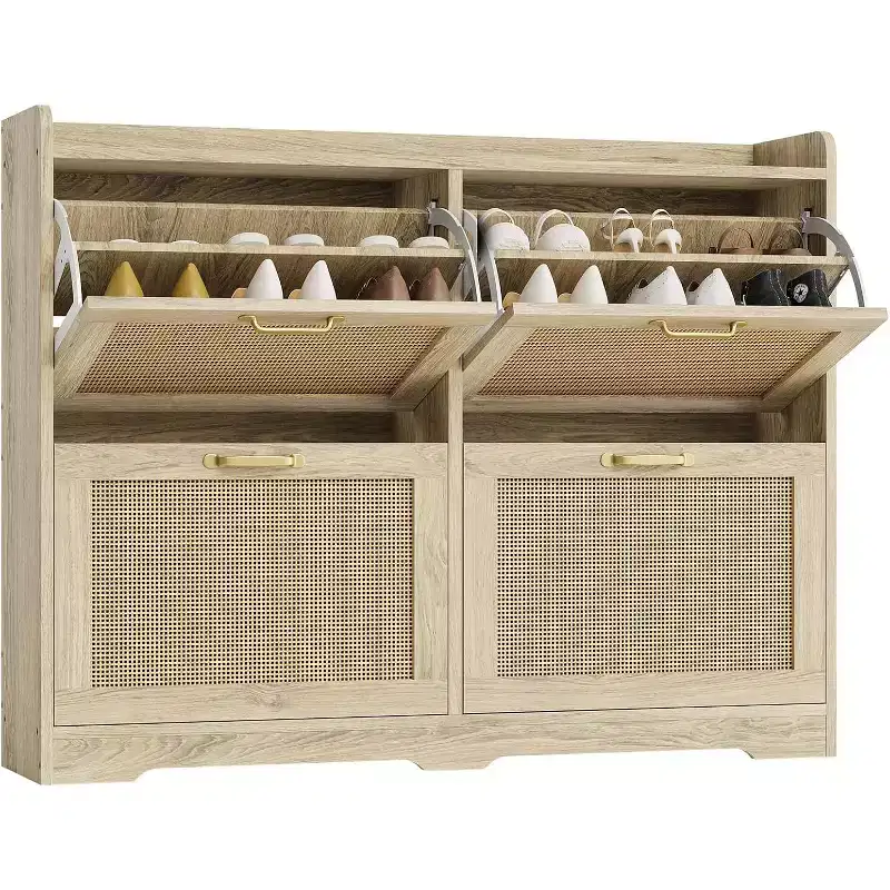 Acekool Natural Rattan 4 Drawer Shoe Cabinet with Lift-Up Drawers and Adjustable Shelves for Entryway Hallway