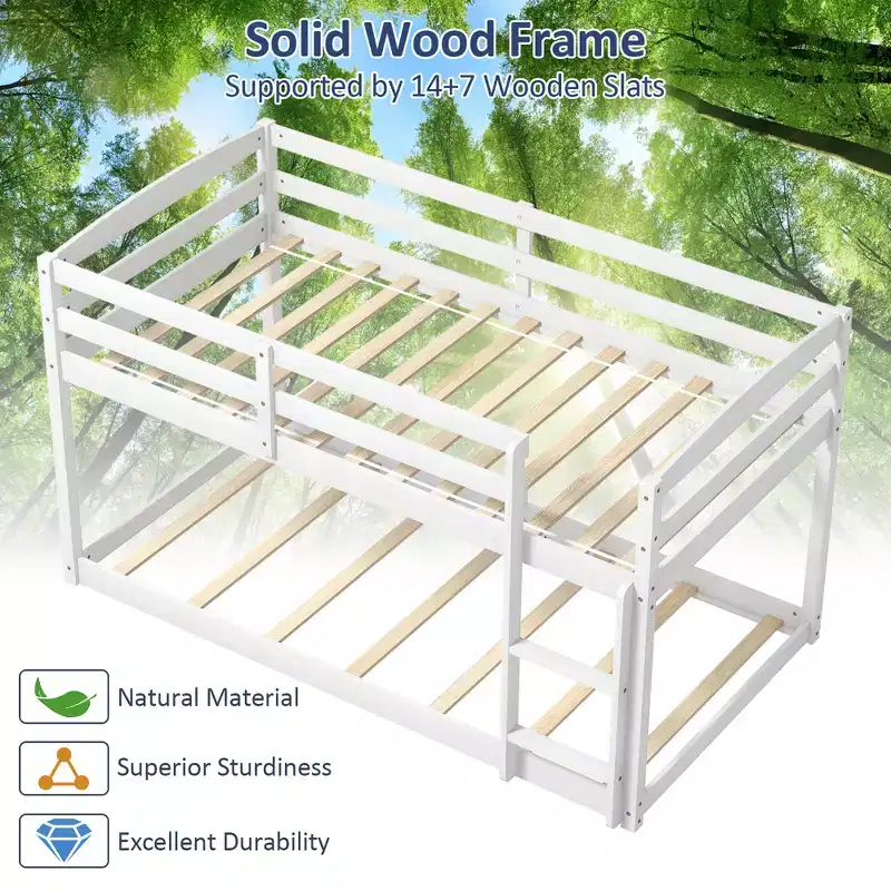 Costway Twin over Twin Low Bunk Bed with Guardrails Integrated Ladder Kids Wooden Grey/White/Beige/Pink