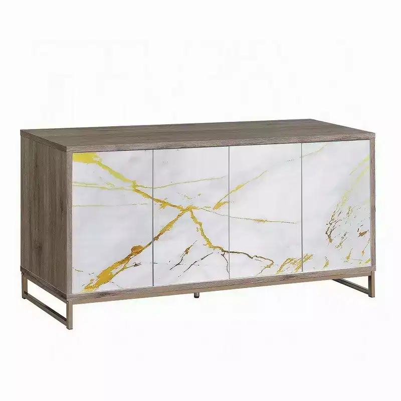 Sideboard Console Cabinet, White Marble Look, 4 Door, Brown, 65 Inch
