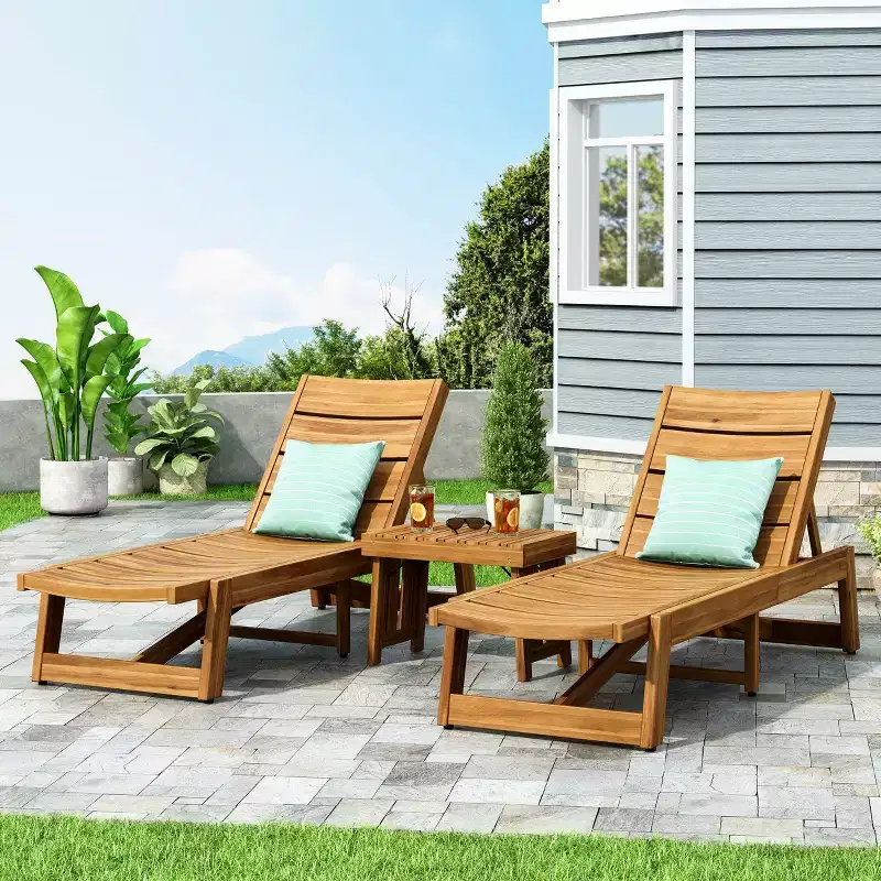 GDFStudio Karyme Outdoor Acacia Wood 3 Piece Chaise Lounge Chat Set, Teak