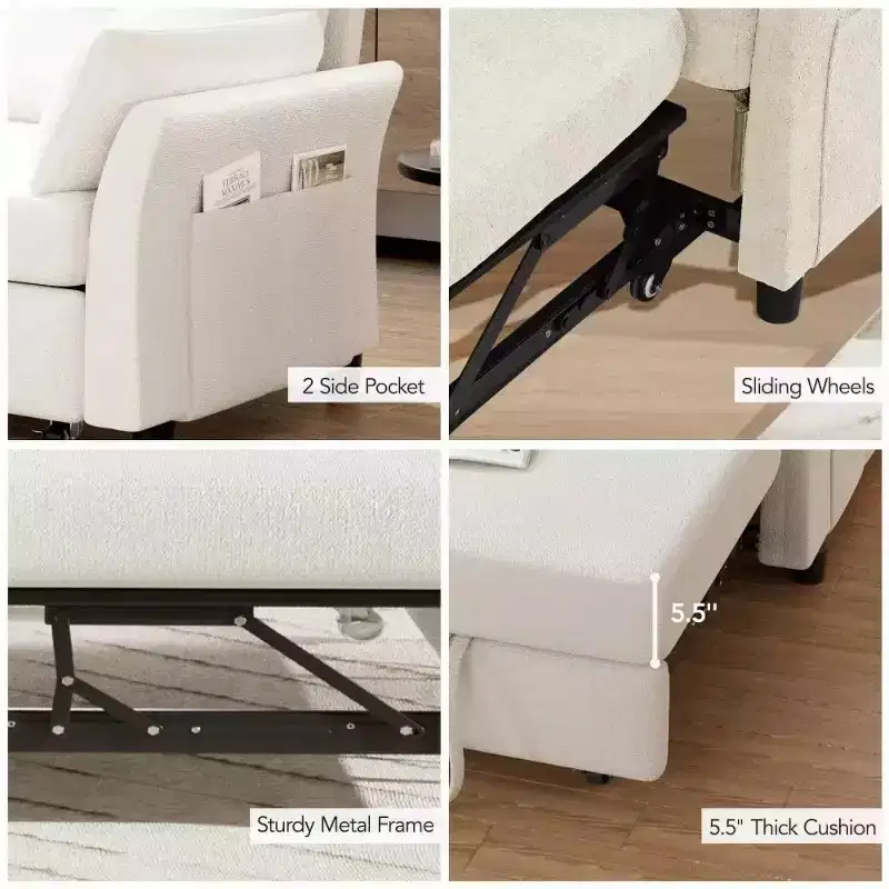 51 Inch 3-in-1 Pull-Out Sleeper Sofa Bed, Convertible Loveseat with Reclining Adjustable Backrest, Chenille Upholstered Couch, Side Pocket