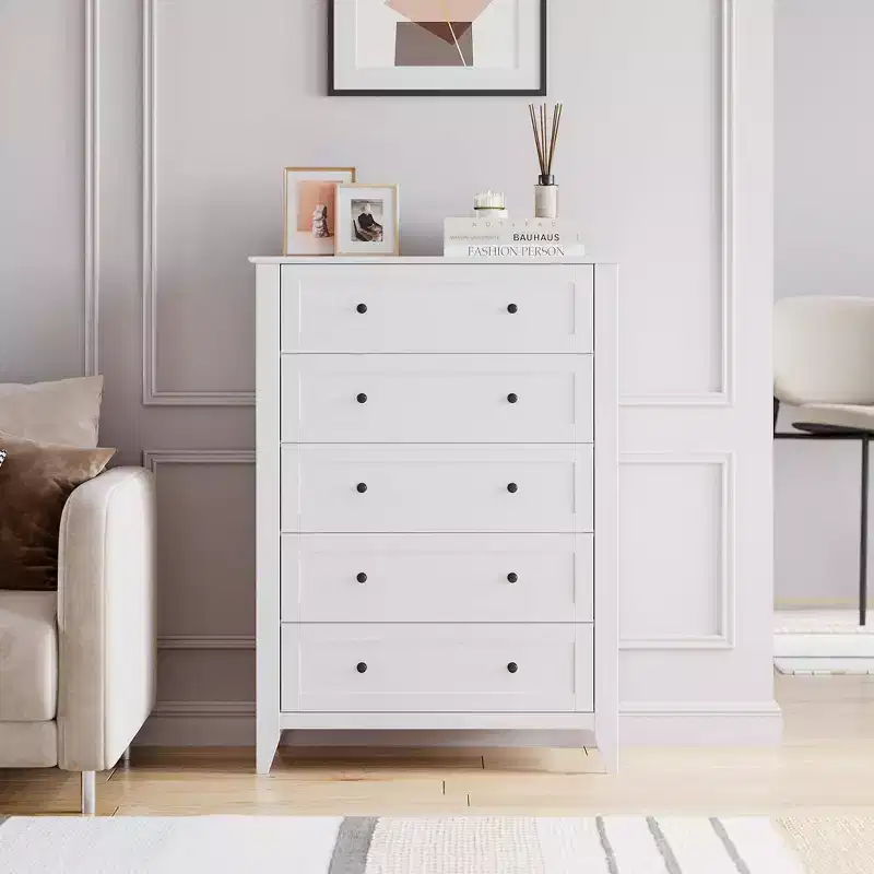 Farmhouse 5-Drawer Dresser with Gold Handles, Tall Chest for Bedroom or Living Room Storage, White