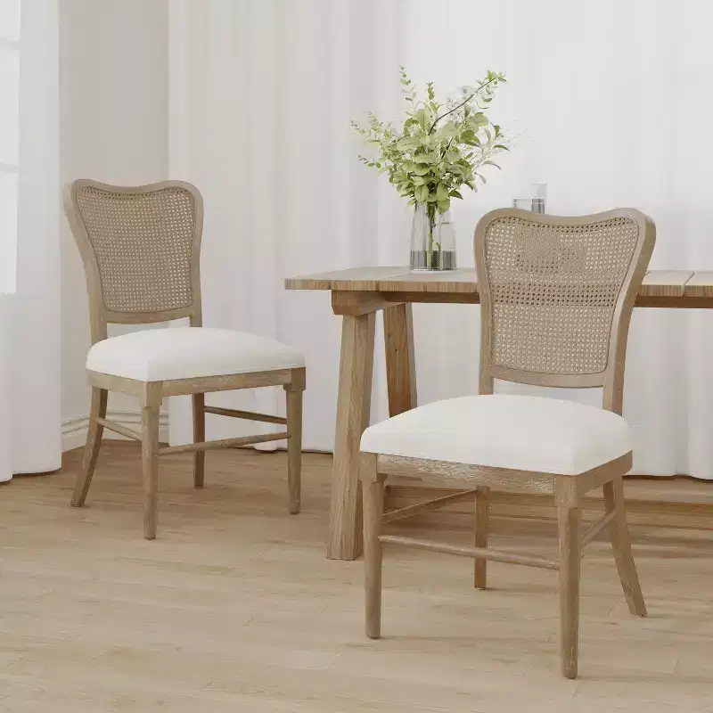 GDFStudio Wreecy Upholstered Rattan Back Rubber Wood Frame Dining Chair with Footrest, Light Brown