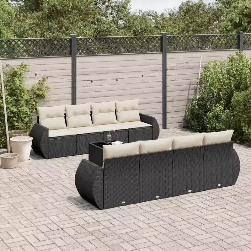 vidaXL 9 Piece Patio Sofa Set with Cushions Black and Cream Poly Rattan