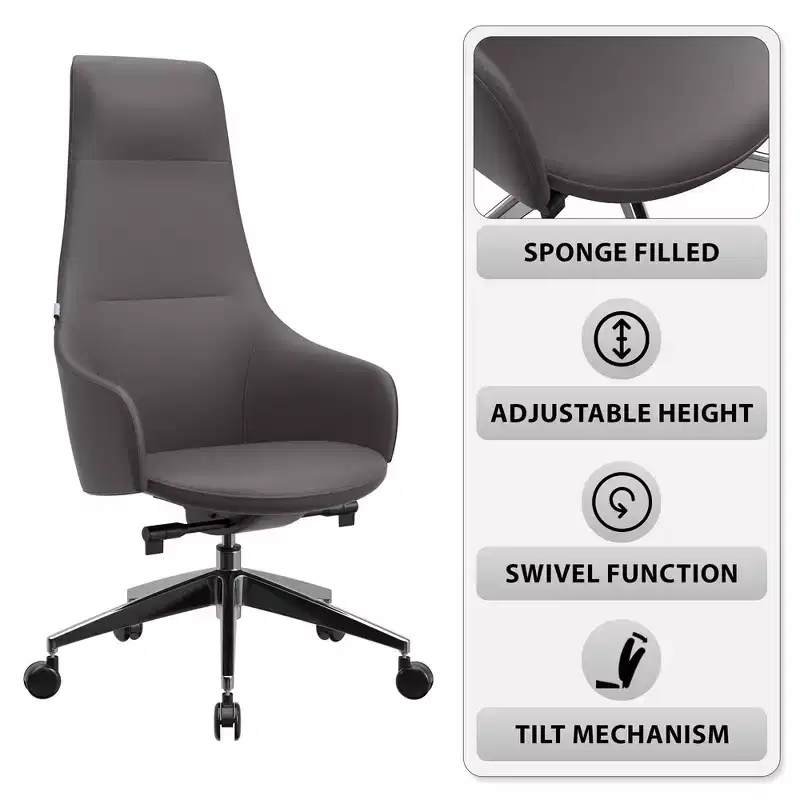LeisureMod Celeste High-Back Leather Office Chair with Headrest - Modern Iron Frame Swivel & Tilt Executive Desk Chair