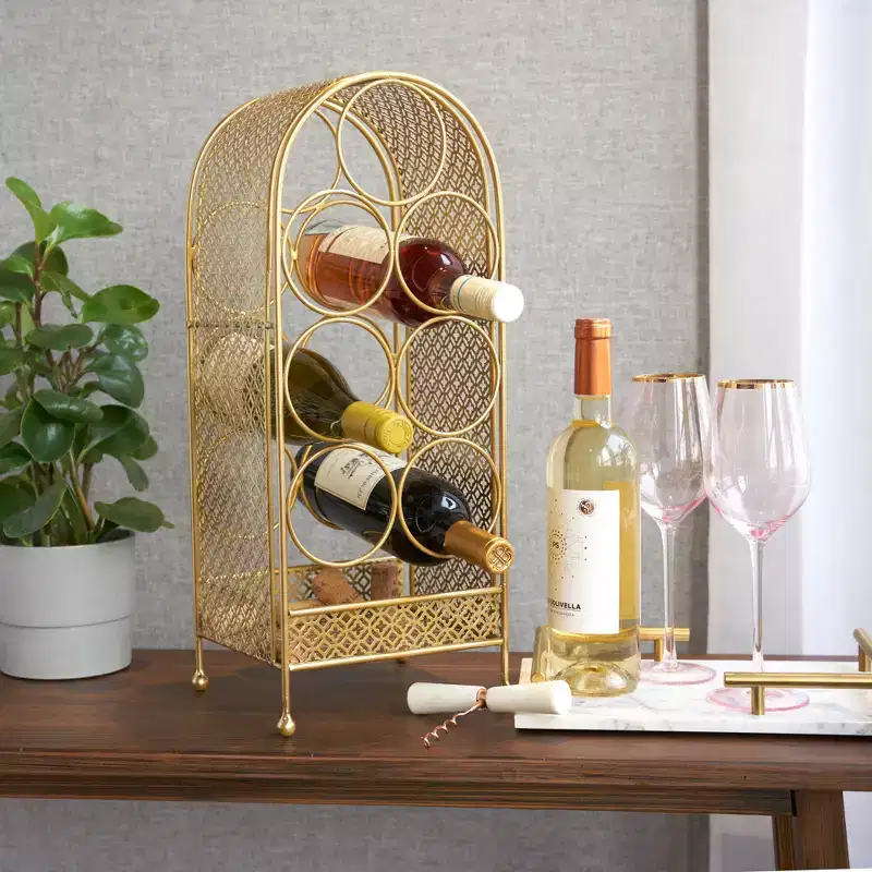 Twine Trellis Wine Rack, Holds 7 Bottles, Gold Countertop Wine Storage, Cast Iron