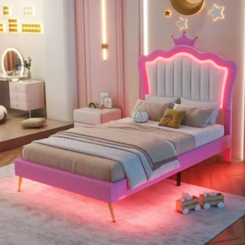 Modern Princess Bed with Crown Headboard, Single-Sized Upholstered Frame Including LED Lights