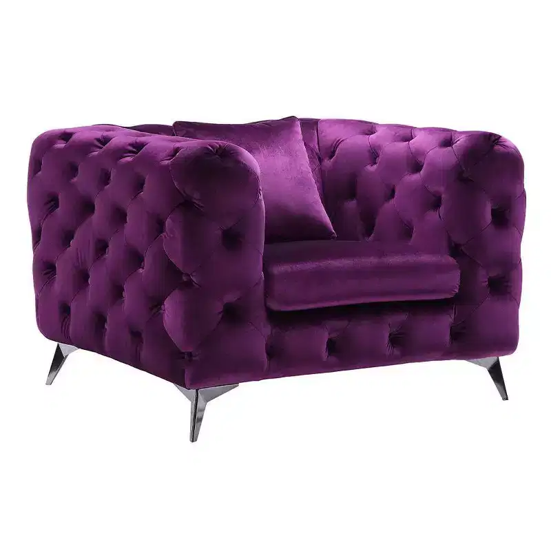 Tufted Velvet Accent Chair with Arms, Wood Frame & Metal Legs, Glossy Finish