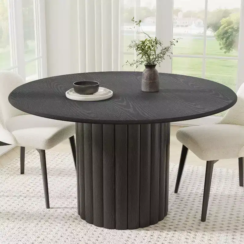 PexFix 52 Wood Round Dining Table Kitchen Table for 4-6 with Arc-Shaped Edge Top & Textured Pedestal for Living/Dining Room Coffee Office Black