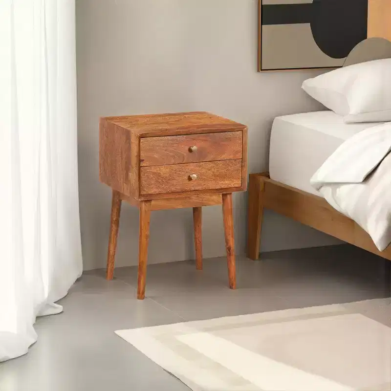 Royal Hampton Bedside Nightstand Table with 2 Drawers and Brass Knobs, Mango Wood Construction