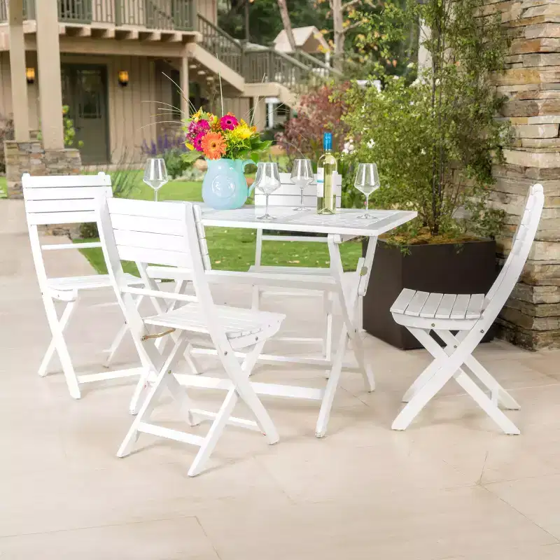 GDFStudio Rabion Outdoor Acacia Wood 5 Piece Folding Dining Set, White