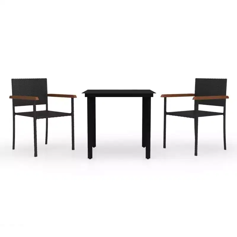 vidaXL 3 Piece PE Rattan Patio Dining Set - Weather-Resilient, Powder-Coated Steel Frame - Includes Square Table and 2 Chairs, Black
