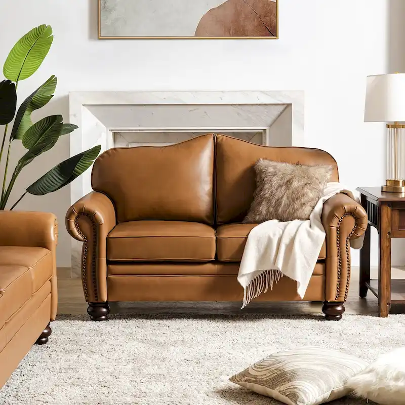 Angel Transitional Genuine Leather Sofa With Tufted Back by