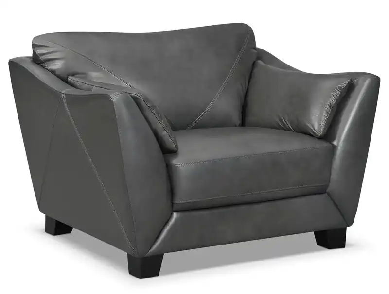 Genuine Leather Chair with Wood Legs - Charcoal Grey