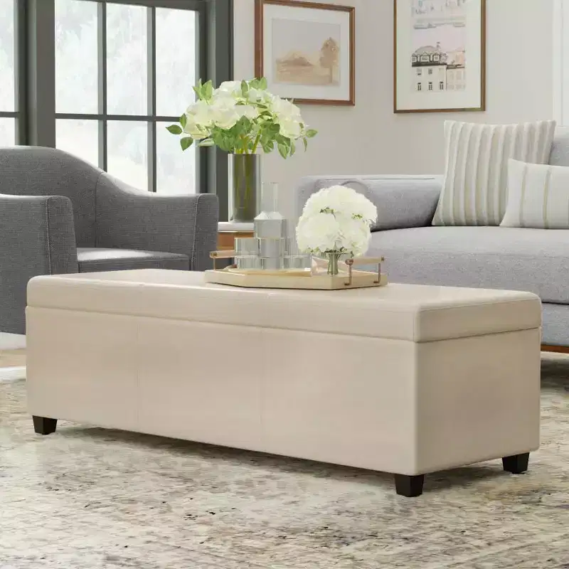 Extra Large Storage Ottoman Bench, Satin Cream Faux Leather, 54