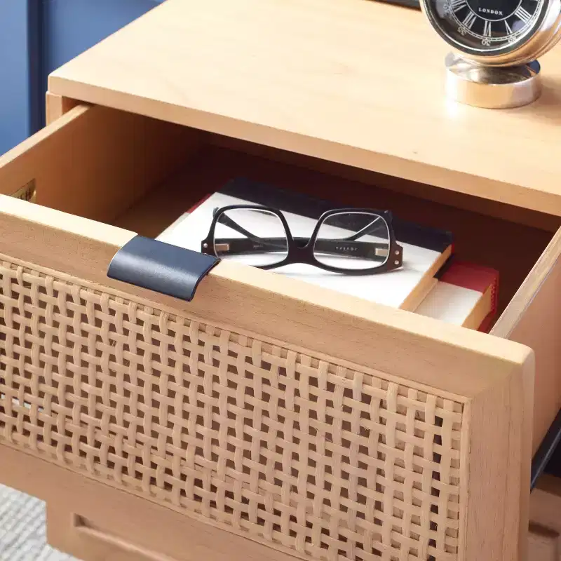 2-Drawer Rattan Nightstand with Splayed Legs, Mid-Century Coastal Bedroom Table