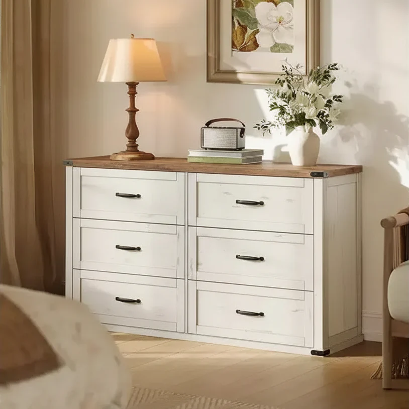 6-Drawer Dresser, 54-Inch Wide, Modern Farmhouse Style, TV Stand with Metal Handles and Anti-Tip Brackets