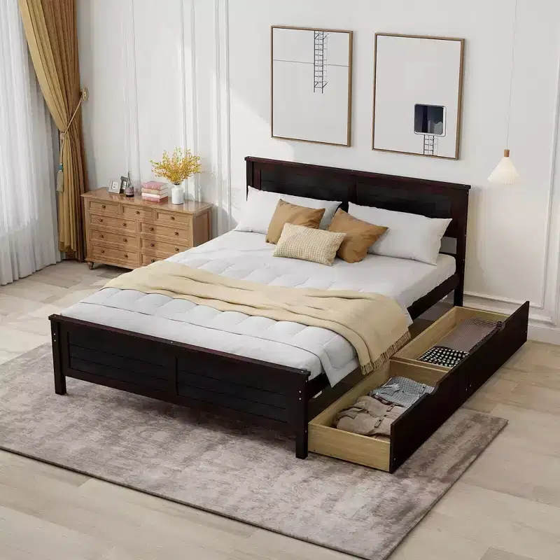Costway Full Size Wooden Bed Frame with 2 Storage Drawers & Under-bed Storage Espresso
