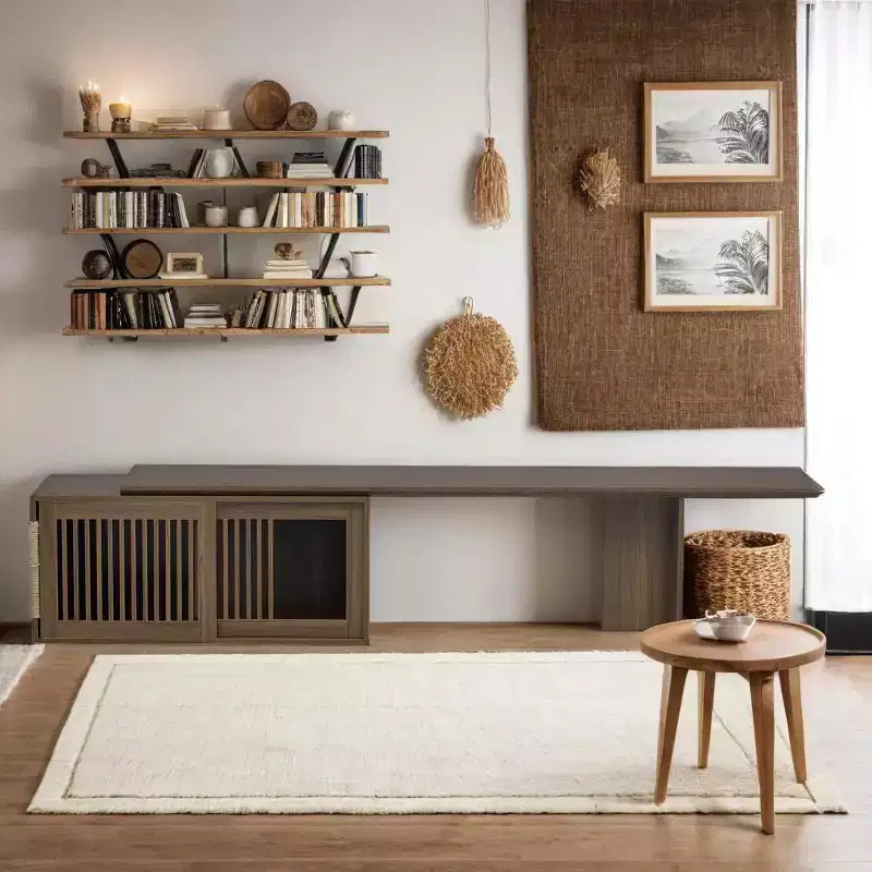 Extendable TV Stand Cat Furniture TV Media Console Cat House Litter Box Enclosure with Cat Scratcher, Walnut - ModernLuxe