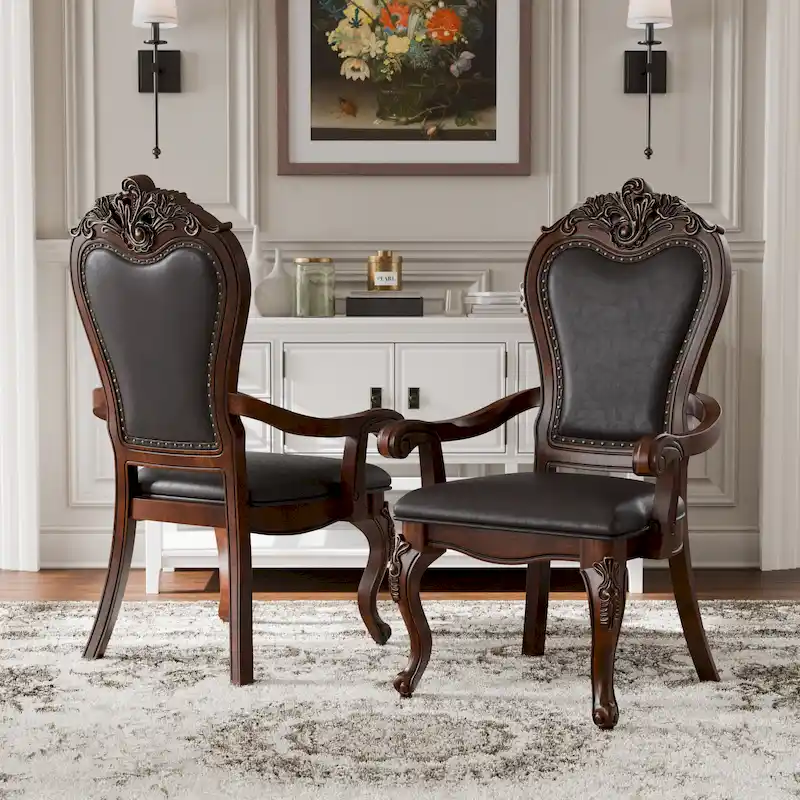 Furniture of America Eugene Traditional Solid Wood Dining Arm Chairs with Nailhead Trim and Cabriole Legs (Set of 2)