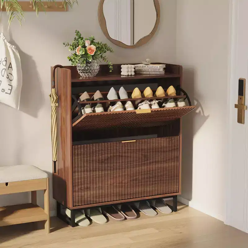 Walnut Fluted Shoe Storage Cabinet with 2 Flip Drawers. Hidden Shoe Organizer for Entryway or Hallway